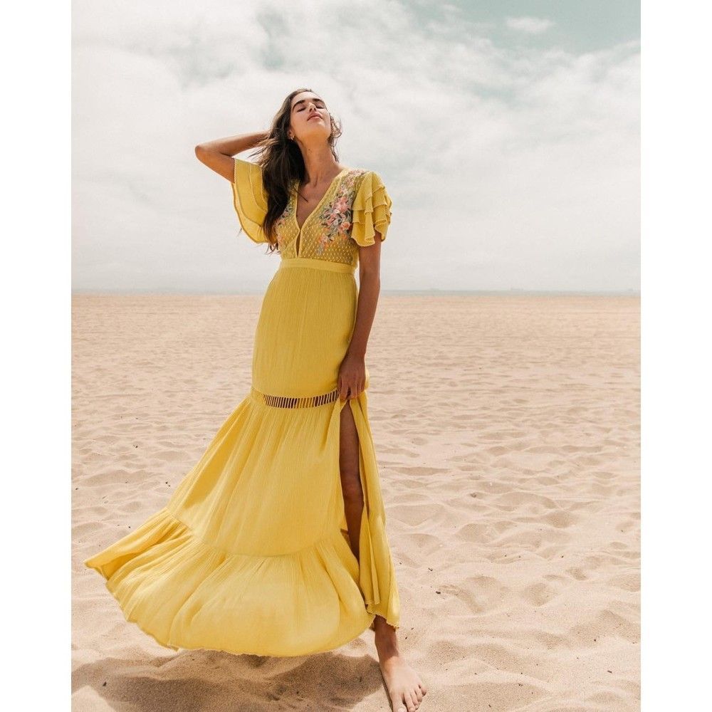 Cleobella Daphne Dress S M Lemon Yellow Embroidered Floral Maxi Sheer Nwt